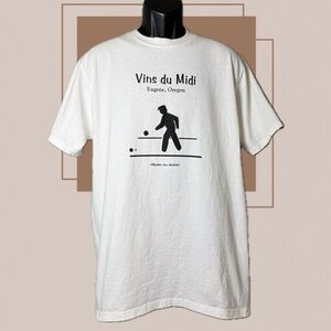 Vintage Vins du Midi Wine Attention aux boulistes! Eugene Oregon White Tee Sz L
